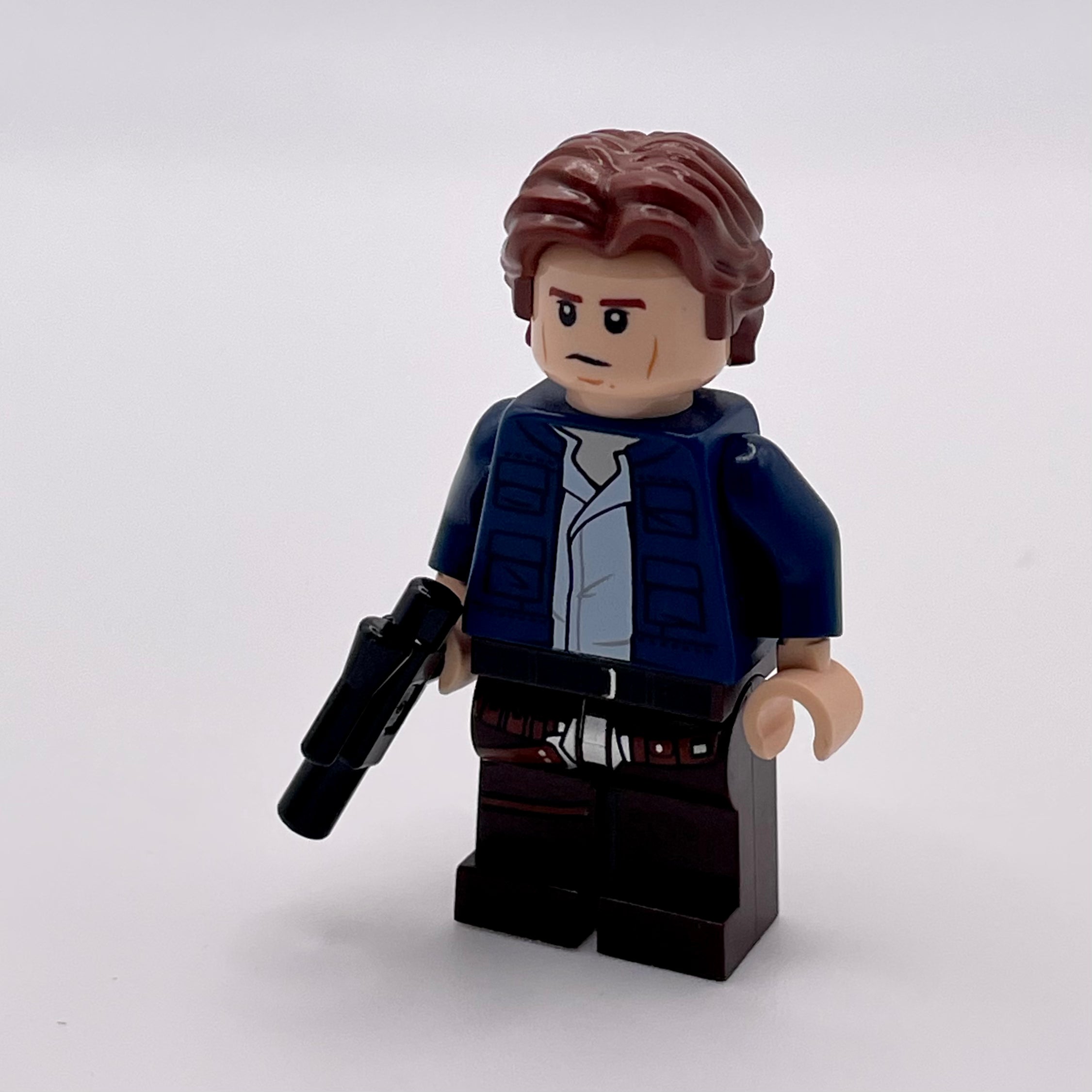 Han Solo, Dark Brown Legs with Holster Pattern, Dark Blue Jacket, Wavy Hair, Smile / Frown