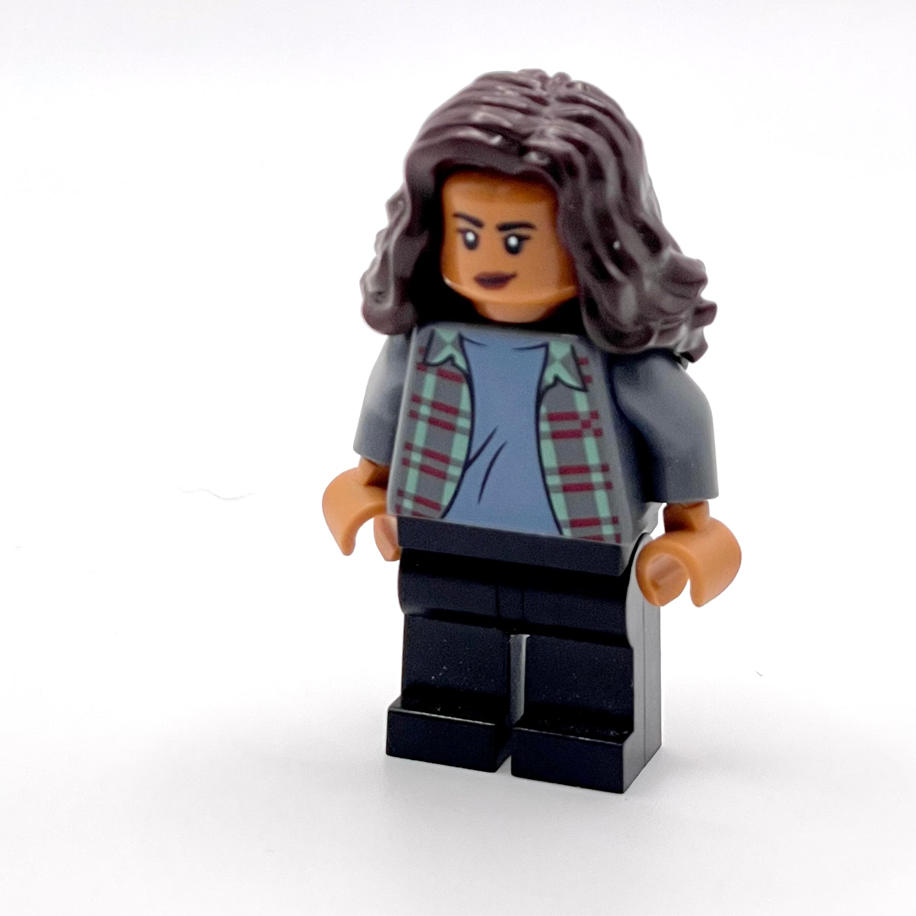 MJ (Michelle Jones) - Dark Bluish Gray Plaid Jacket, Dark Brown Wavy Hair